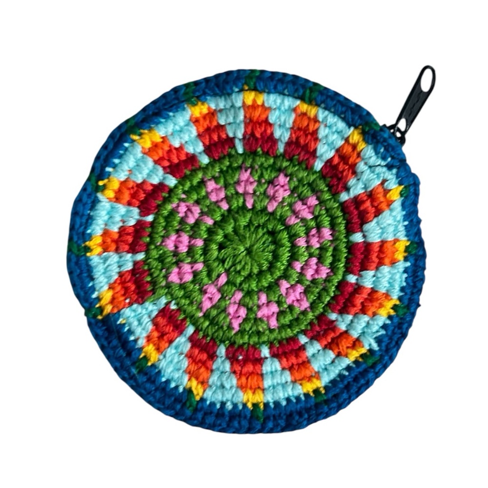 Hand Crafted Crocheted Colorful Round Sunburst Design Zipper Change Pouch Purse - Picture 9 of 9